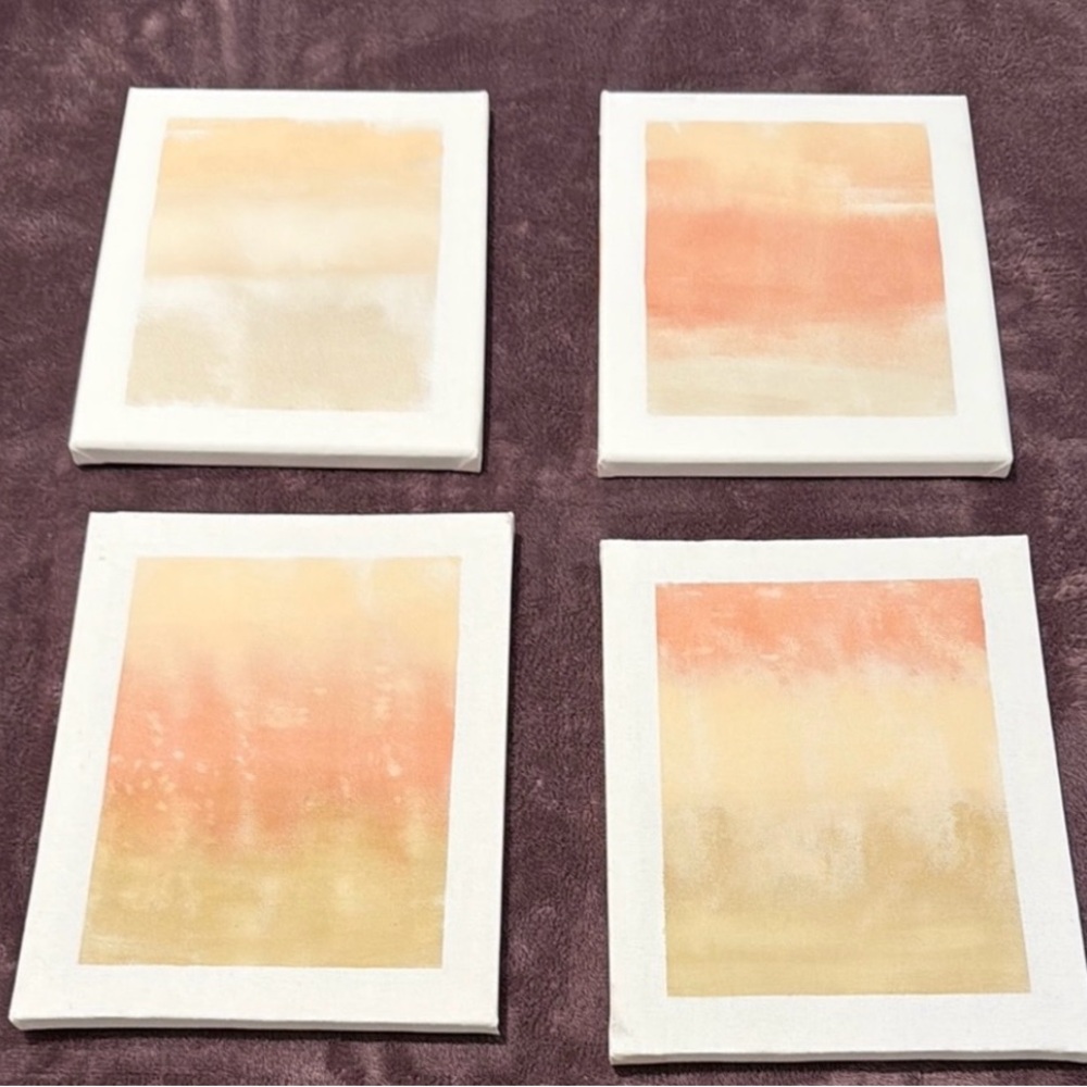 Handmade One of a Kind 4 Piece New Canvas Abstract Beige Pink and Orange Acrylic